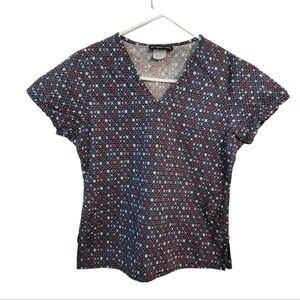 Women's Scrub Top V Neck Blue Pattern Size Small.